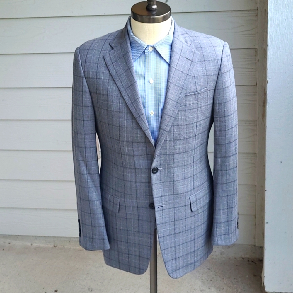 HICKEY FREEMAN Beacon Grey Plaid Worsted Wool Silk Blend‎ 38 R Sport Coat Blazer